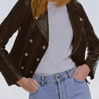model wearing a karen millen leather military biker jacket