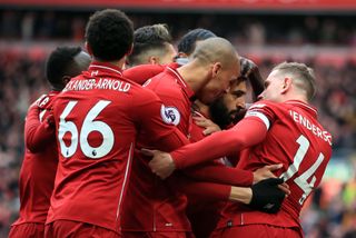 Liverpool celebrate Mohamed Salah's wonder goal