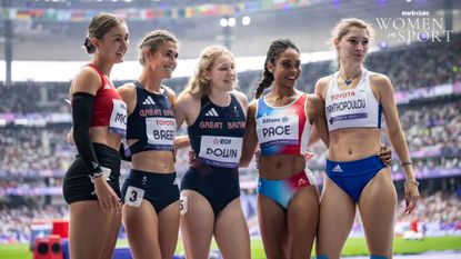 Nele Moos of Team Germany, Olivia Breen of Team Great Britain, Maddie Down of Team Great Britain, Sofia Pace of Team France and Lida Maria Manthopoulou of Team Greece after the Women&#039;s 100m - T38 Round 1 Heat on day three of the Paris 2024 Summer Paralympic Games at the Stade de France on August 31, 2024 in Paris, France. 