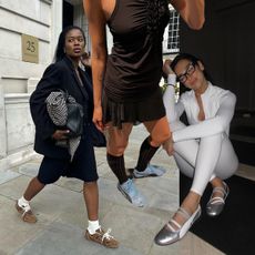 Influencer Marilyn wears brown suede sneakers with long back shorts and an oversized blazer. Influencer Susie Garvie wears blue Puma Speedcat sneakers. Dua Lipa wears Puma Ballet sneakers and a white workout set. 