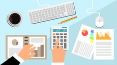 illustration of a desk with charts, notebooks, a coffee and someone typing into a calculator.