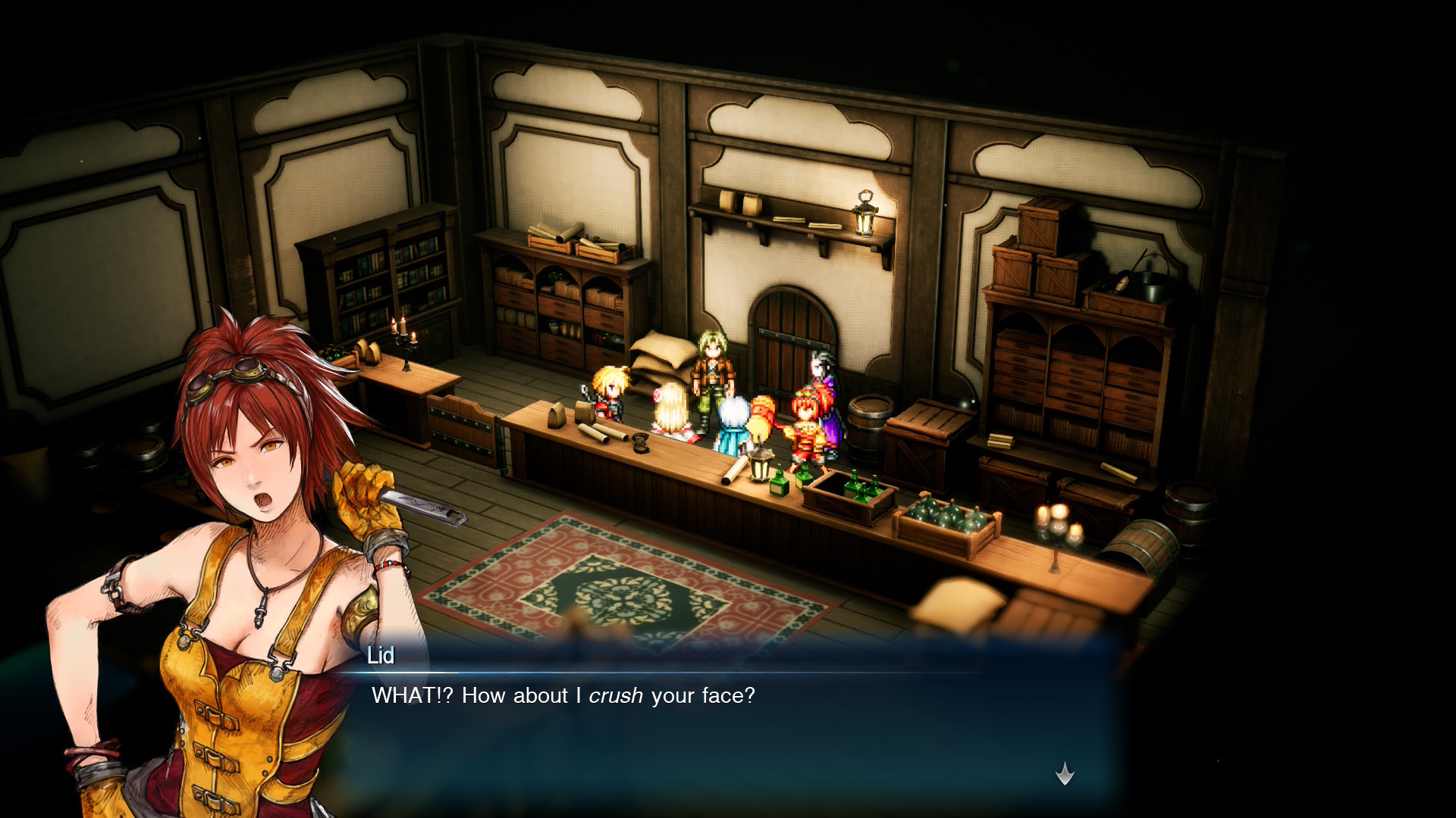 Lid looks annoyed as she speaks with the party in a shop in Final Fantasy Resonance, saying "WHAT!? How about I crush your face?"