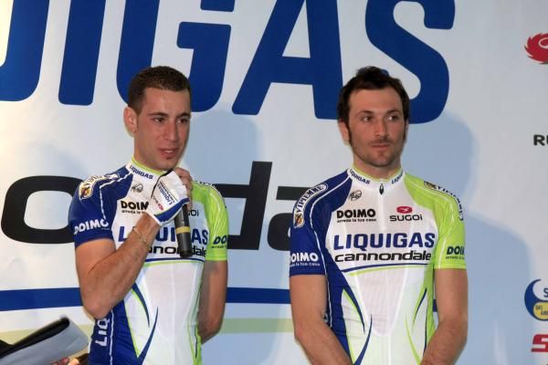 Vincenzo Nibali and Ivan Basso side by side at the Liquigas-Cannondale team presentation.