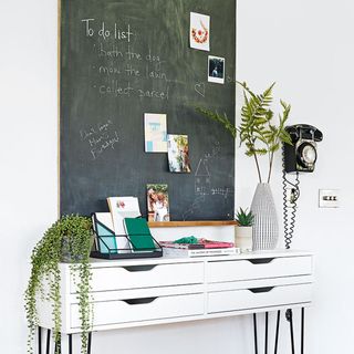 hallway console with chalkboard painted above