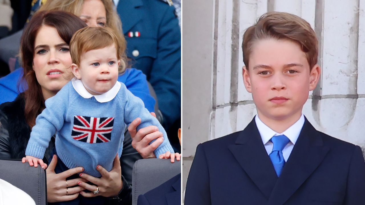 Princess Eugenie holds her son August who wears a light blue sweater with a Union Jack flag on it, and Prince George wears a navy suit with a blue tie