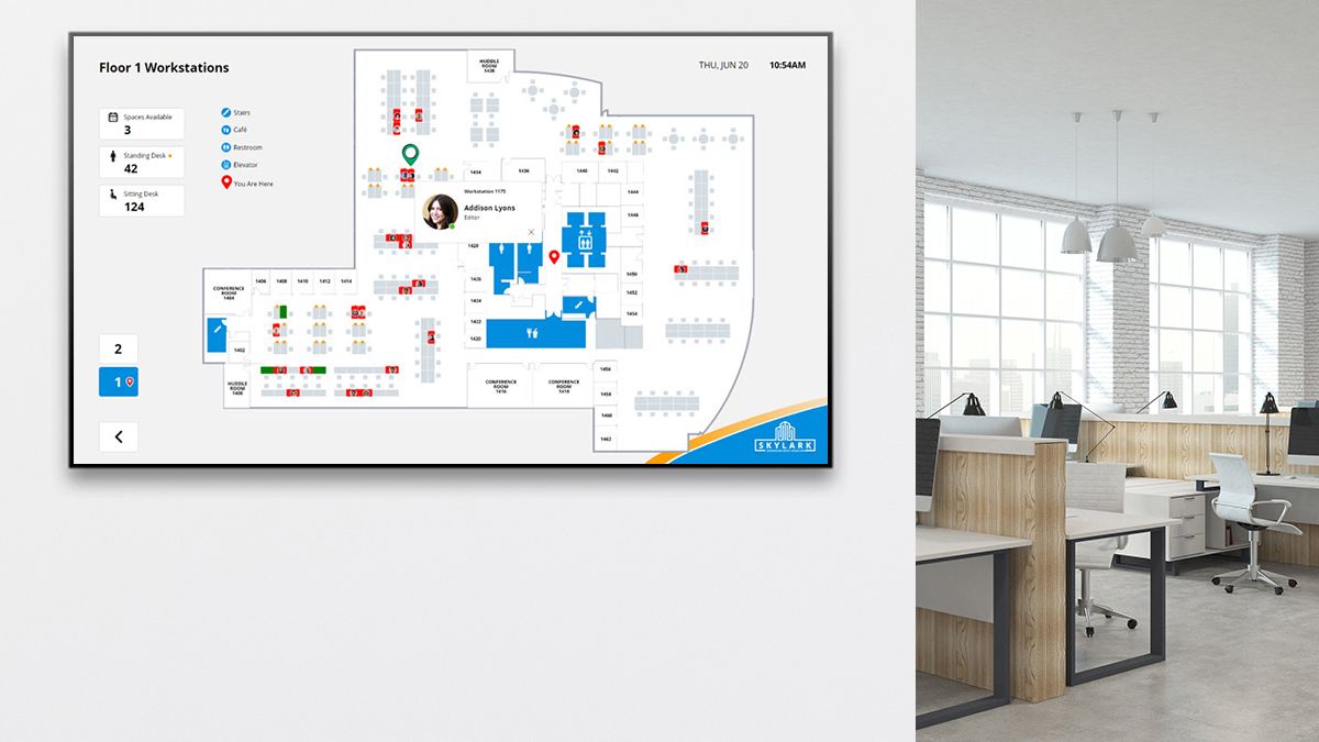 Visix wayfinding software on a display in an office space. 