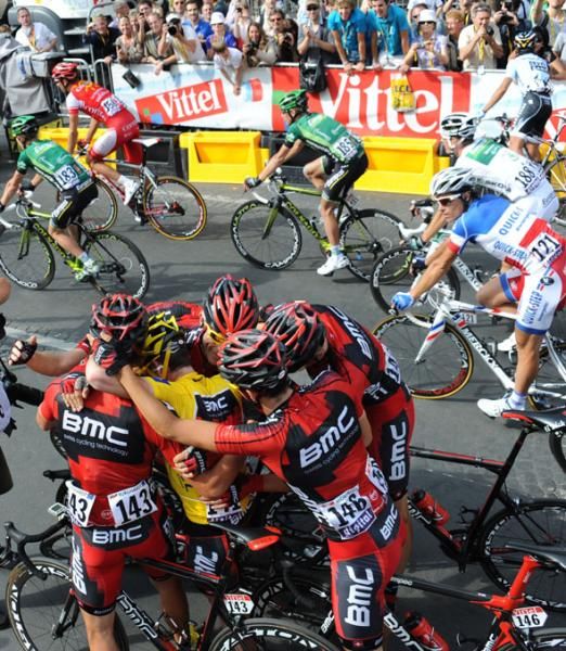 Cadel Evans is feted by his BMC team.