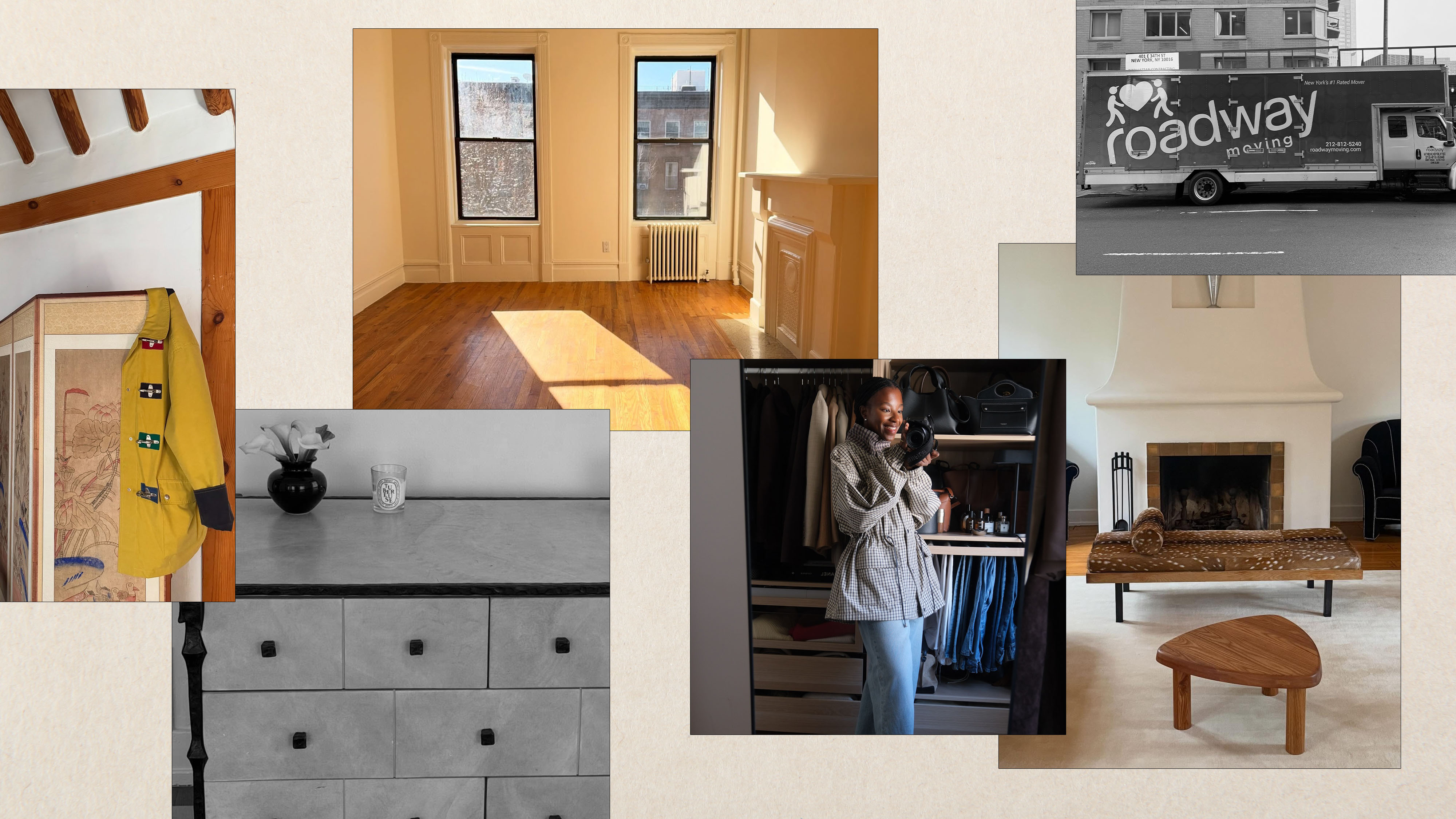 Collage of empty spaces, closets, and things associated with moving homes and apartments.
