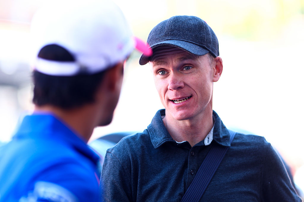MONTE-CARLO, MONACO - MAY 01: Lucas di Grassi of Brazil and Lola Yamaha ABT Formula E Team talks with Chris Froome, OBE and British professional road racing cyclist during previews ahead of the Monaco E-Prix at Circuit de Monaco on May 01, 2025 in Monte-Carlo, Monaco. (Photo by Joe Portlock/LAT Images)