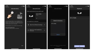 Four screenshots showing the pairing process of the Sony WF-C700N with an iPhone using the Sony Sound Connect app.
