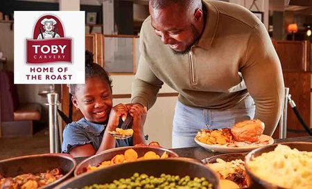 Toby Carvery logo placed over an image of a father and daughter self servicing at a Toby restaurant