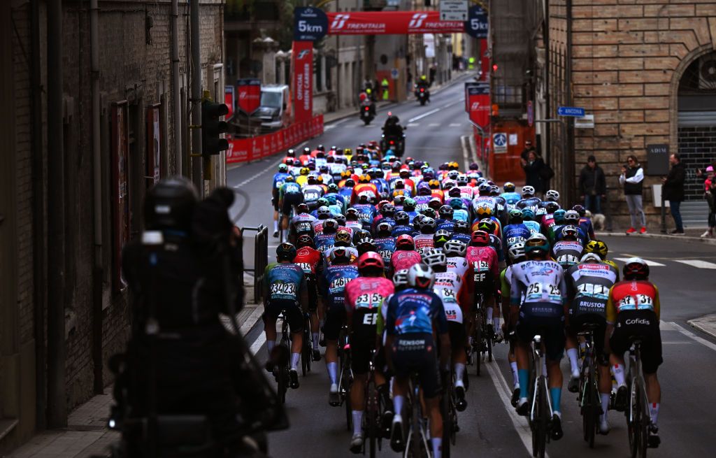 SAN BENEDETTO DEL TRONTO ITALY MARCH 16 A general view of the peloton competing during the 60th TirrenoAdriatico 2025 Stage 8 a 147km stage from Porto Potenza Picena to San Benedetto del Tronto UCIWT on March 16 2025 in San Benedetto del Tronto Italy Photo by Tim de WaeleGetty Images