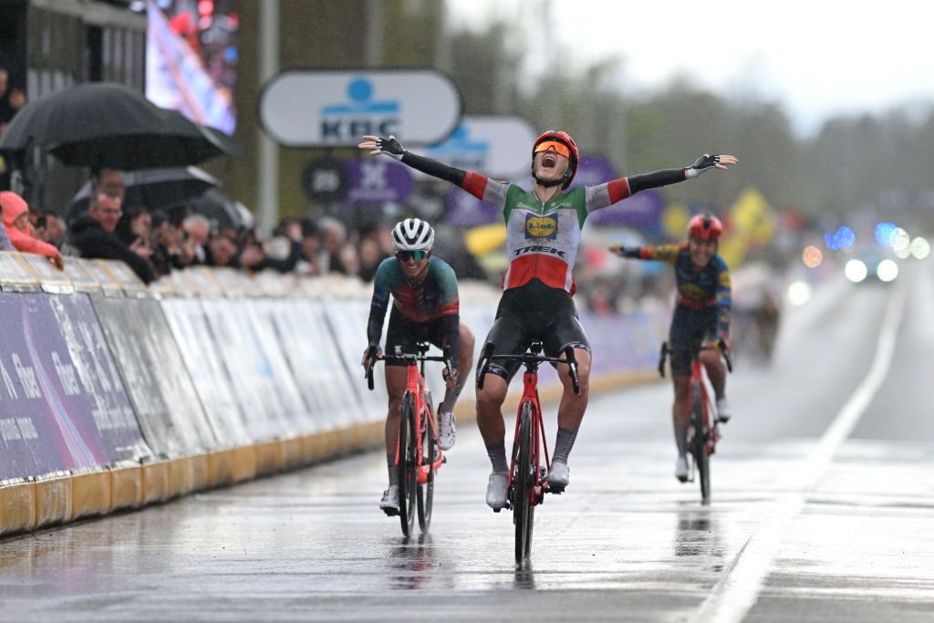 OUDENAARDE BELGIUM MARCH 31 Elisa Longo Borghini of Italy and Team Lidl Trek celebrates at finish line as race winner during the 21st Ronde van Vlaanderen Tour des Flandres 2024 Womens Elite a 163km one day race from Oudenaarde to Oudenaarde UCIWWT on March 31 2024 in Oudenaarde Belgium Photo by Dario BelingheriGetty Images