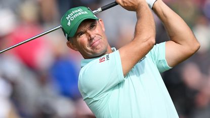 Padraig Harrington takes a shot during the first round of the 2023 Open at Royal Liverpool
