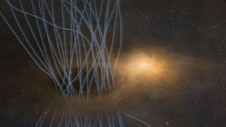 An artist's conception of a "sneeze" of dust, gas and magnetic energy expelled from a baby star.