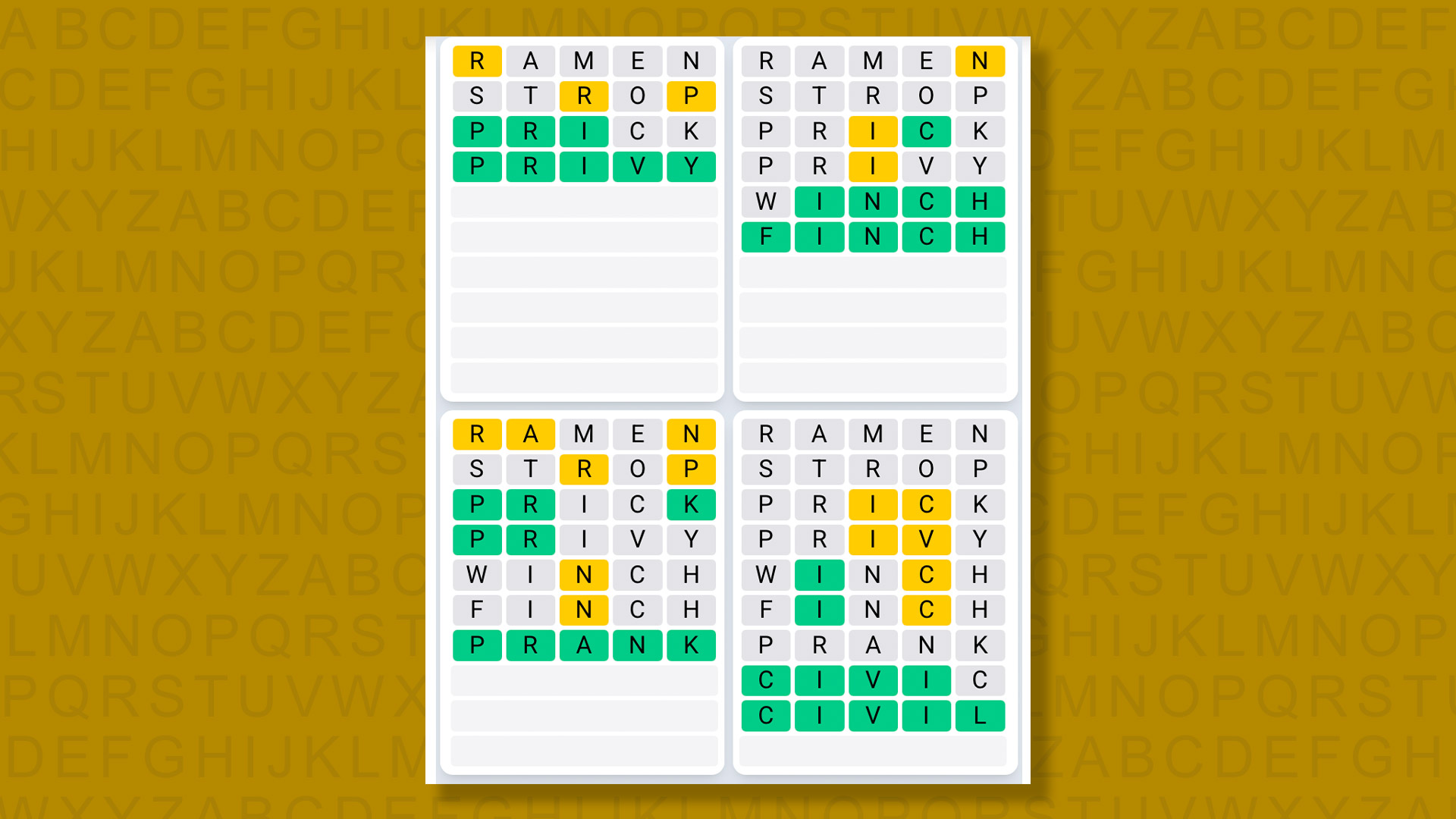 Quordle Daily Sequence answers for game 1584 on a yellow background