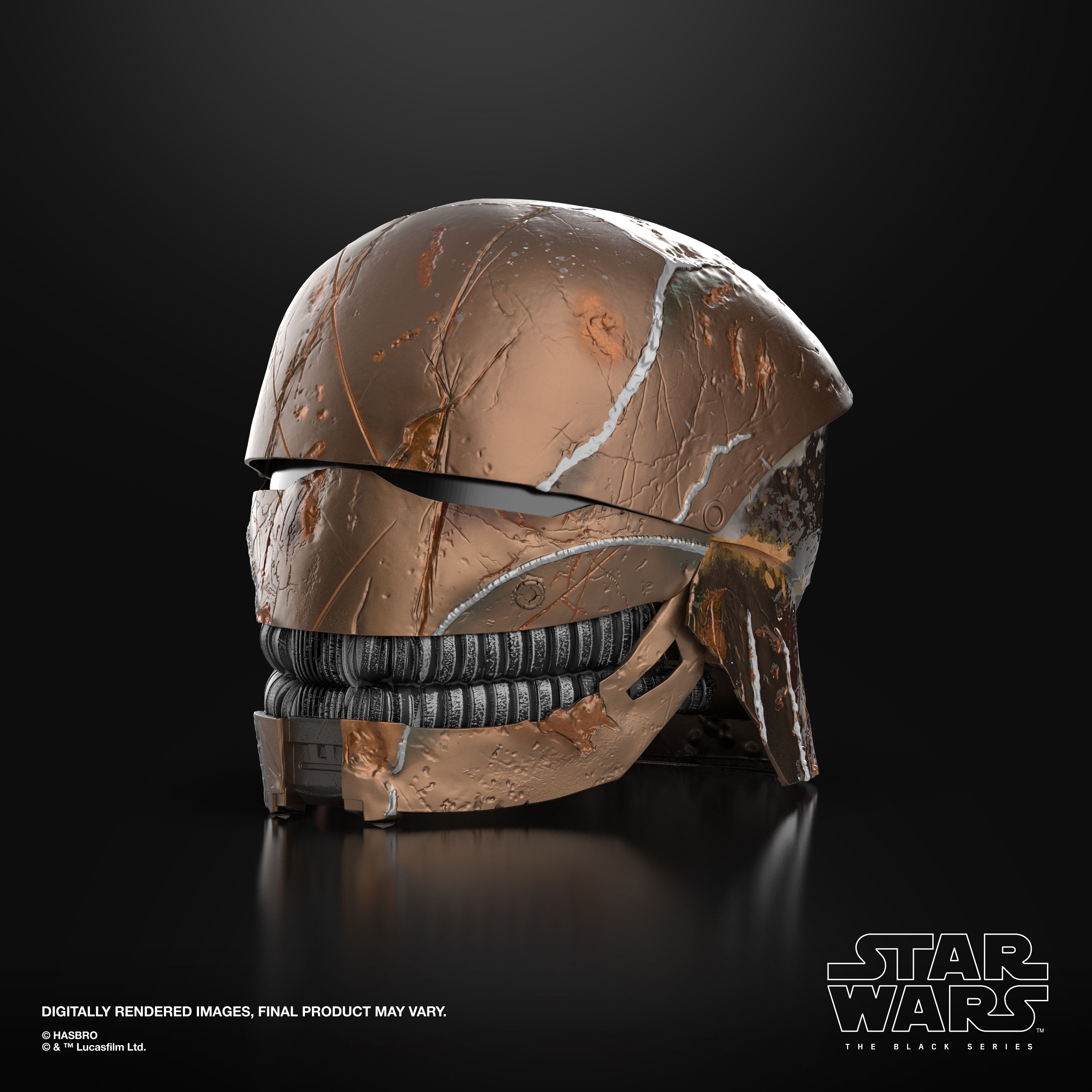 The Stranger helmet replica against a dark background, with The Black Series logo in the bottom corner