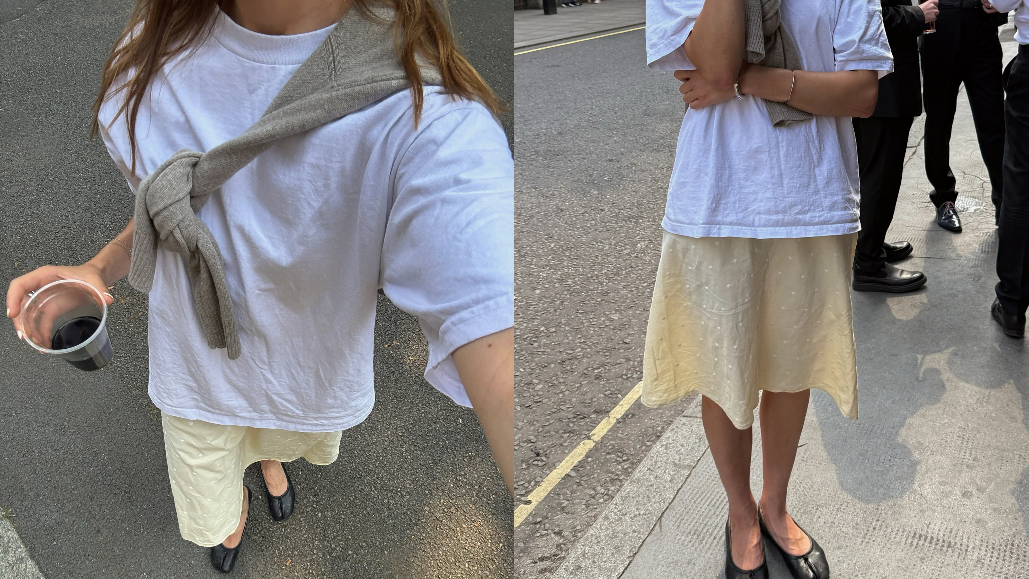 Poppy Almond in a white white and butter yellow skirt with tabis.