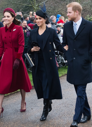 Prince William, Duke of Cambridge, Catherine, Duchess of Cambridge, Meghan, Duchess of Sussex and Prince Harry, Duke of Sussex attend Christmas Day Church service at Church of St Mary Magdalene on the Sandringham estate on December 25, 2018 in King's Lynn, England