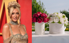 A split screen of Paris Hilton at the 2024 Met Gala (left) and Venus Et Fleur's pink and white eternity peonies (right)