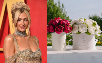 A split screen of Paris Hilton at the 2024 Met Gala (left) and Venus Et Fleur&#039;s pink and white eternity peonies (right)