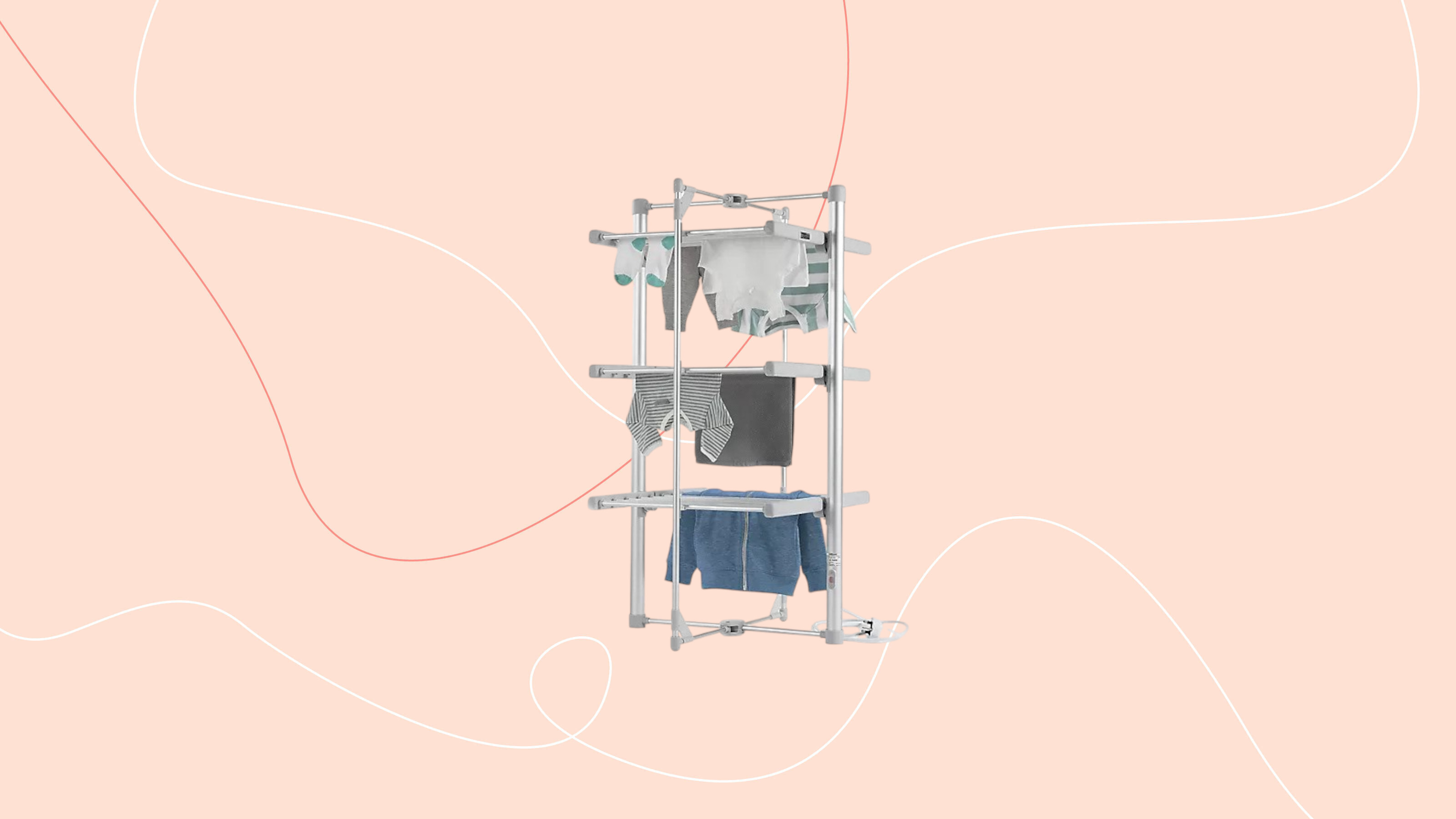 Lakeland Drysoon 3-tier heated clothes airer on a pink graphic background