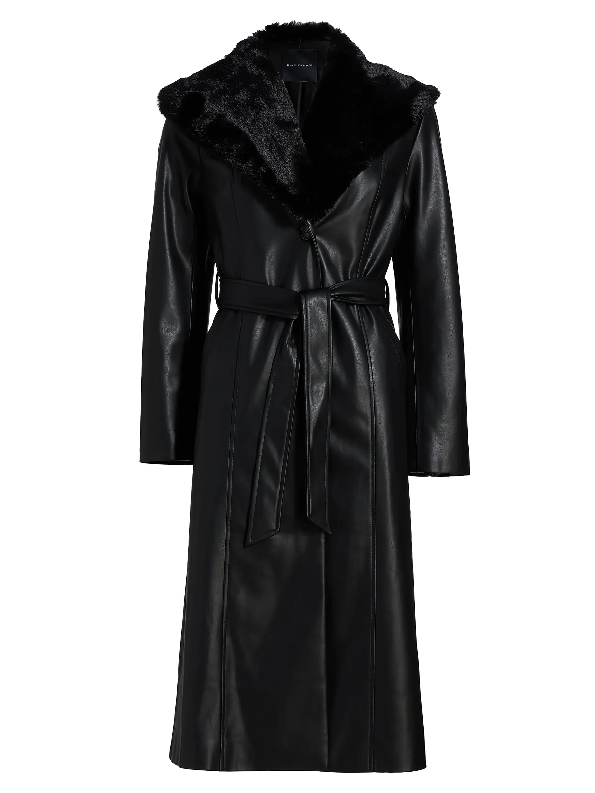 Veda Faux Fur-Trim Faux-Leather Tie-Waist Coat