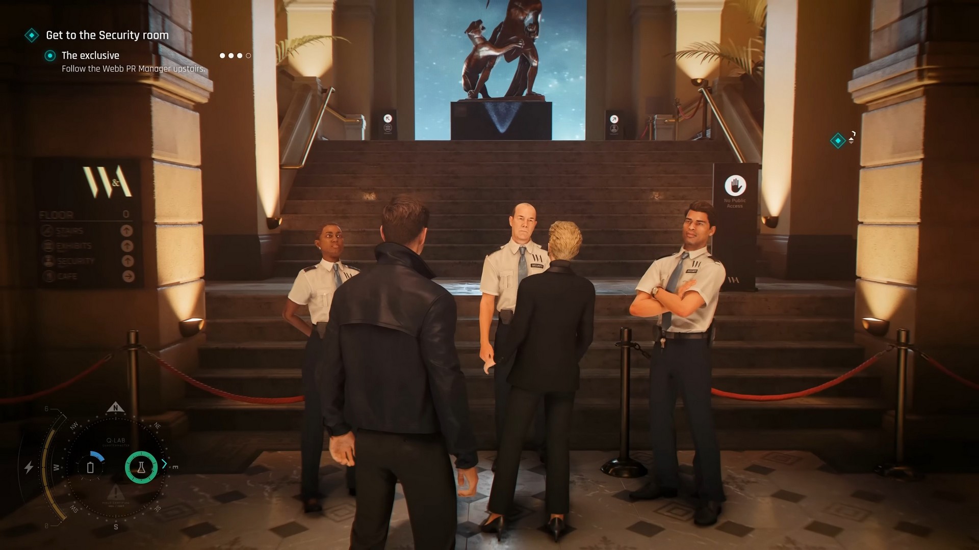 James Bond in 007 First Light stands behind a press officer who is talking to a guard checkpoint at a gala