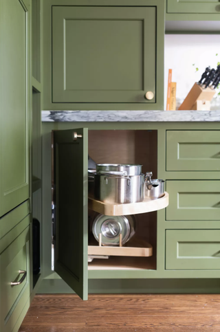 green kitchen corner cabinets without pull out storage by BLDC Design