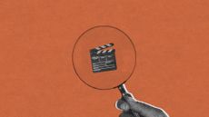 Photo collage of a tiny film clapper seen under a magnifying glass