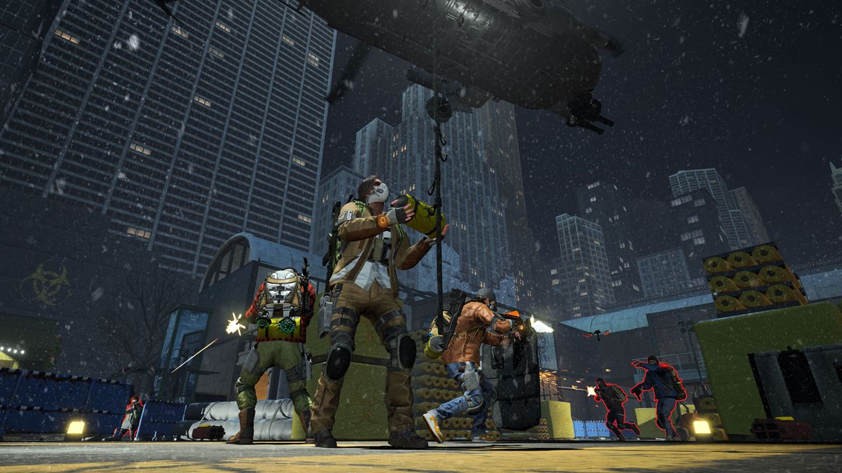 A screenshot from The Division Resurgence showing three players taking on enemies in the streets.