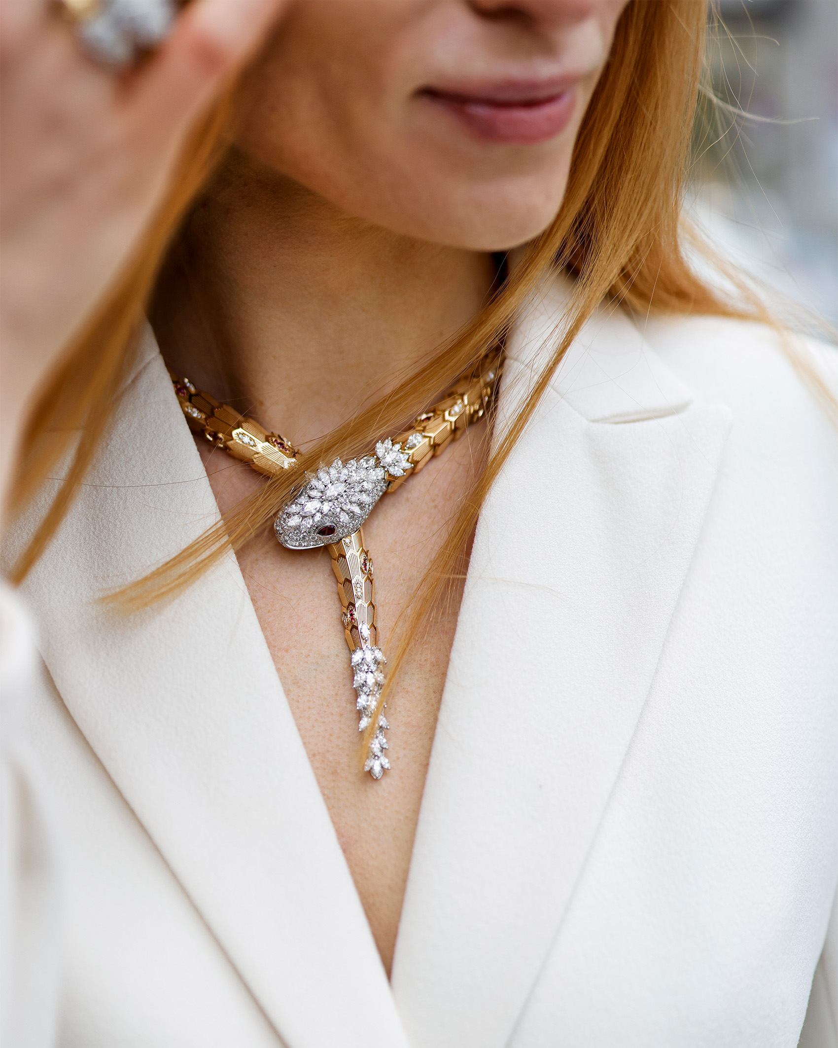 woman wearing Bvlgari necklace
