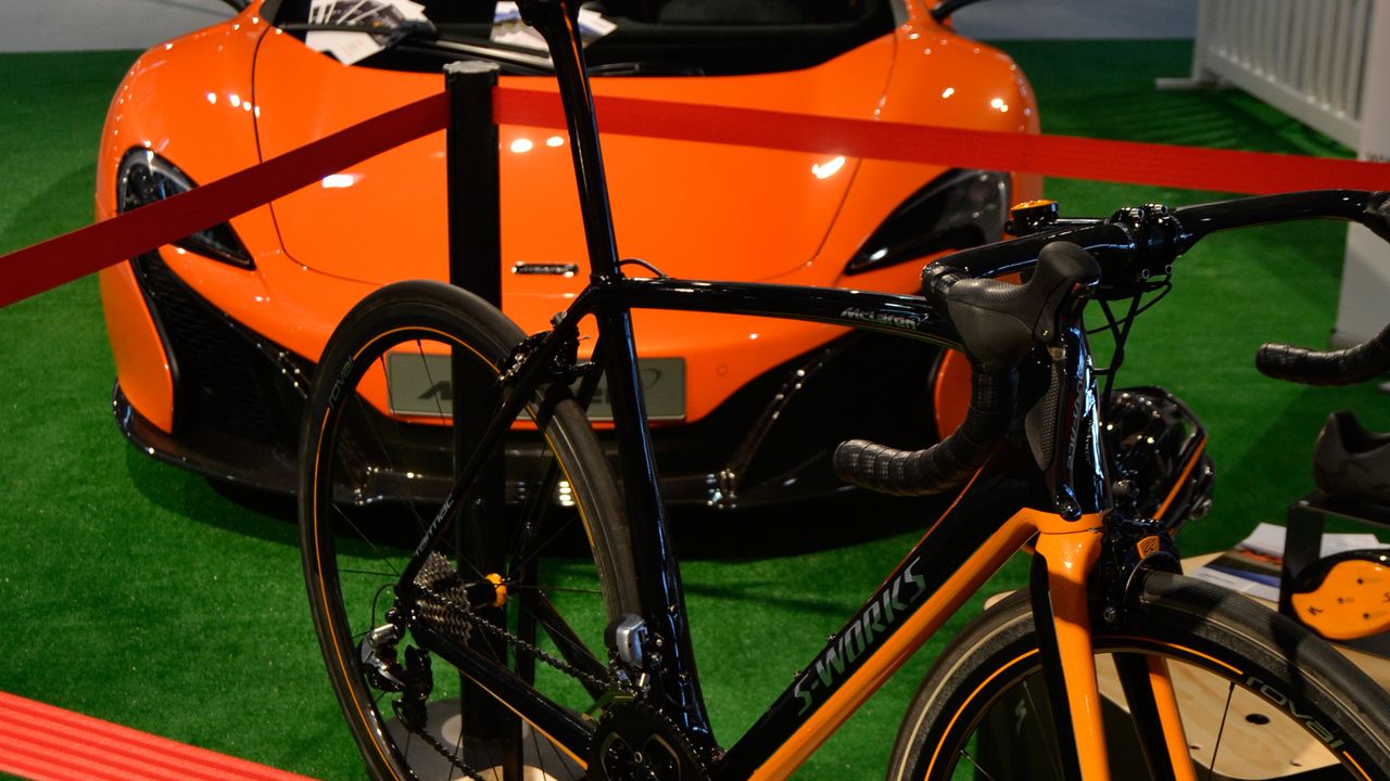 Specialized showed off this ultra-rare McLaren edition S-Works Tarmac with a colour-matched (ish) McLaren 650S supercar. For any show-goers feeling inspired, Monaco's McLaren car dealership was directly across the street from the venue