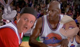Space Jam Bill Murray and Michael Jordan huddle with the Looney Tunes