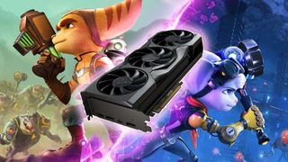 AMD Radeon RX 7900 XTX graphics card with Ratchet and Clank key Rift Apart art in backdrop