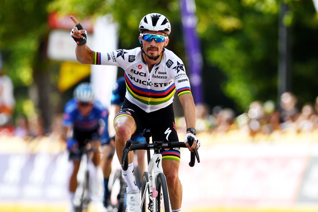 HUY BELGIUM JULY 23 Julian Alaphilippe of France and Team QuickStep Alpha Vinyl celebrates winning during the 43rd Ethias Tour de Wallonie 2022 Stage 1 a 1744km stage from Temploux to Huy 204m ethiastourdewallonie22 on July 23 2022 in Huy Belgium Photo by Luc ClaessenGetty Images