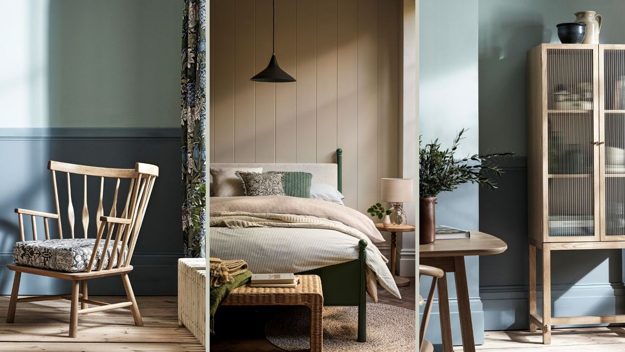 compilation image of a blue living room with a wooden armchair, a neutral bedroom with striped bedding and a pale green dining room with a wooden storage cabinet to highlight the new Habitat x Morris and Co. collection