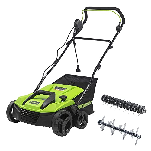 Greenworks 13 Amp 14-Inch Corded Dethatcher / Scarifier, 2-In-1 Electric Lawn Rake With 3-Position Depth Adjustment &amp;amp; Push-Button Start, Lawn Care Tool for Healthy Yard Maintenance