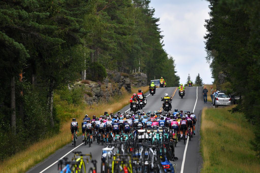 SARPSBORG NORWAY AUGUST 12 A general view of the peloton during the 7th Ladies Tour Of Norway 2021 Stage 1 a 1415km stage from Halden to Sarpsborg LTourOfNorway LTON21 UCIWWT on August 12 2021 in Sarpsborg Norway Photo by Luc ClaessenGetty Images