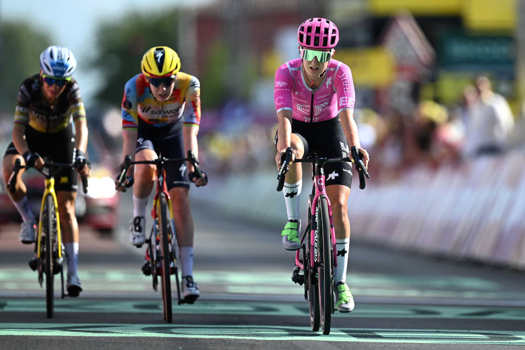 C&eacute;drine Kerbaol of France and Team EF Education - Oatly crosses the finish line during the 5th Tour de France Femmes 2026, Stage 5 a 140km stage from Macon to Belleville-en-Beaujolais (Photo by Tim de Waele/Getty Images)
