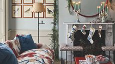 Marble mantel with white and blue felt stockings and white candelabras with green taper candles