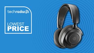 Black over-ear headphones in three quarter profile against a blue background.