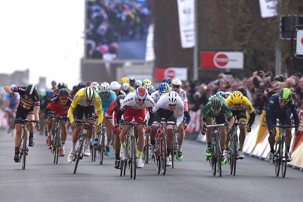 Alexander Kristoff leads the bunch sprint.