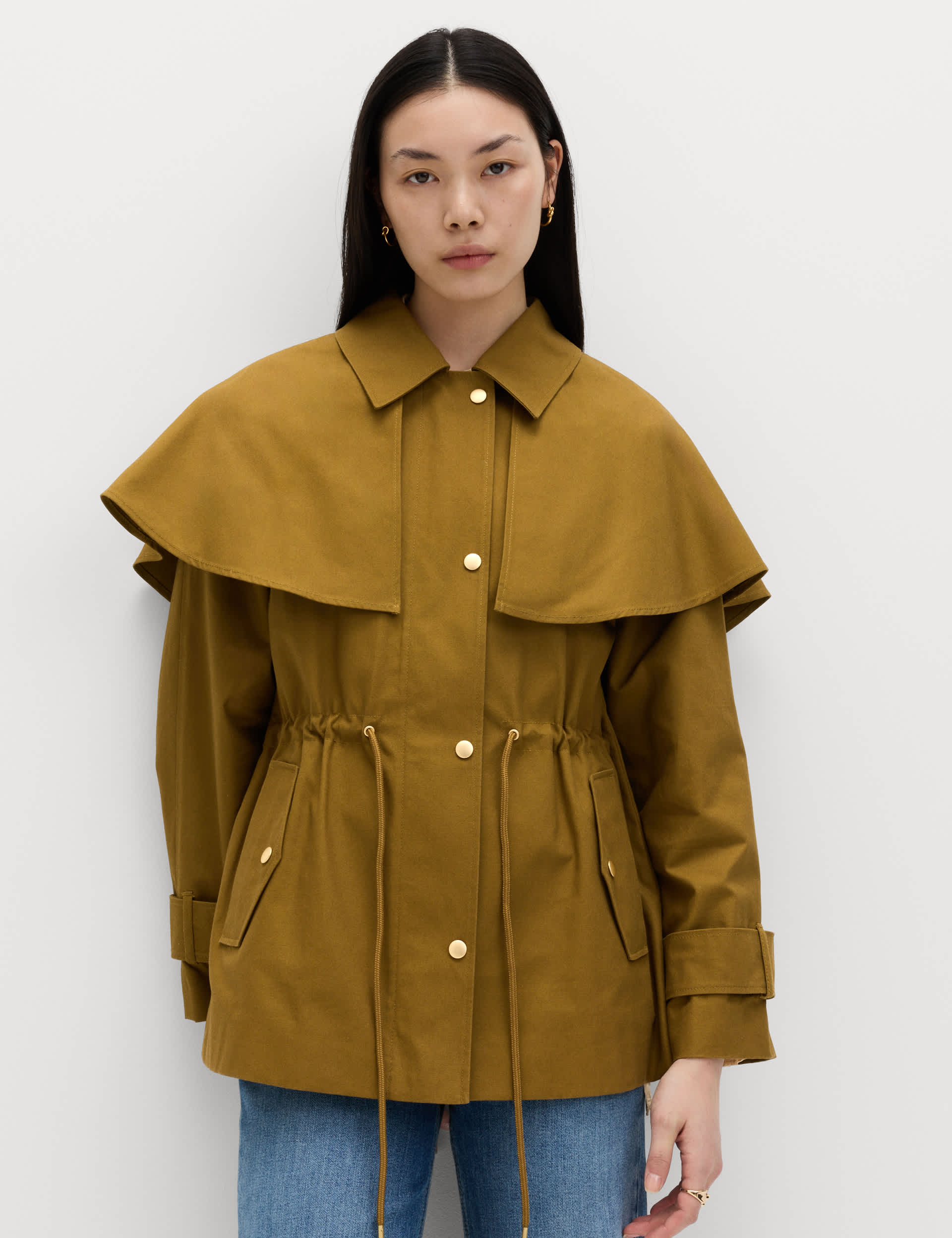 Pure Cotton Waisted Collared Cape Coat