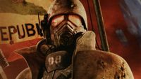 A Fallout NCR soldier in front of an NCR flag