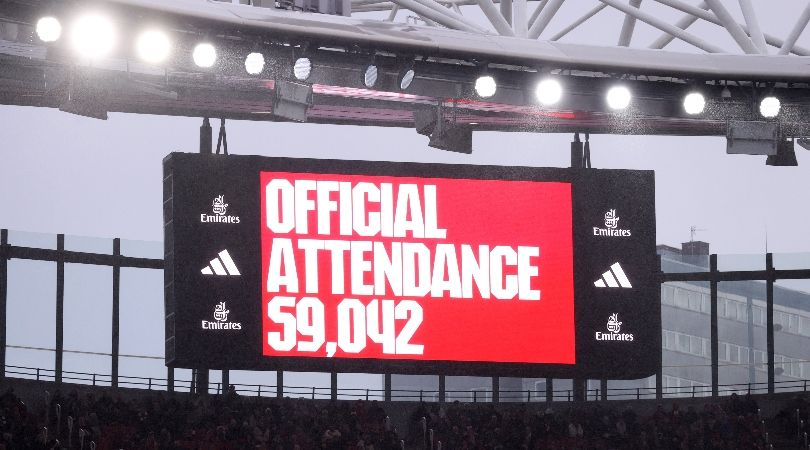 The big screen at the Emirates Stadium shows a record WSL attendance in the match between Arsenal and Chelsea in December 2023.