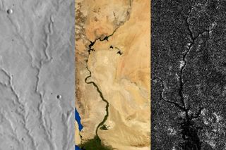 The paths of river networks as seen on Mars (left), Earth (center) and on Titan. A study suggests Titan's features have more in common with Mars than with Earth.