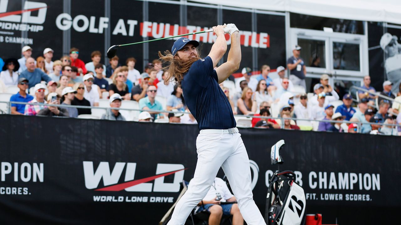 Kyle Berkshire hits during the preliminary qualifying round of the World Long Drive Championship at Bobby Jones Golf Course on October 20, 2023 in Atlanta, Georgia