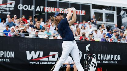 Kyle Berkshire hits during the preliminary qualifying round of the World Long Drive Championship at Bobby Jones Golf Course on October 20, 2023 in Atlanta, Georgia