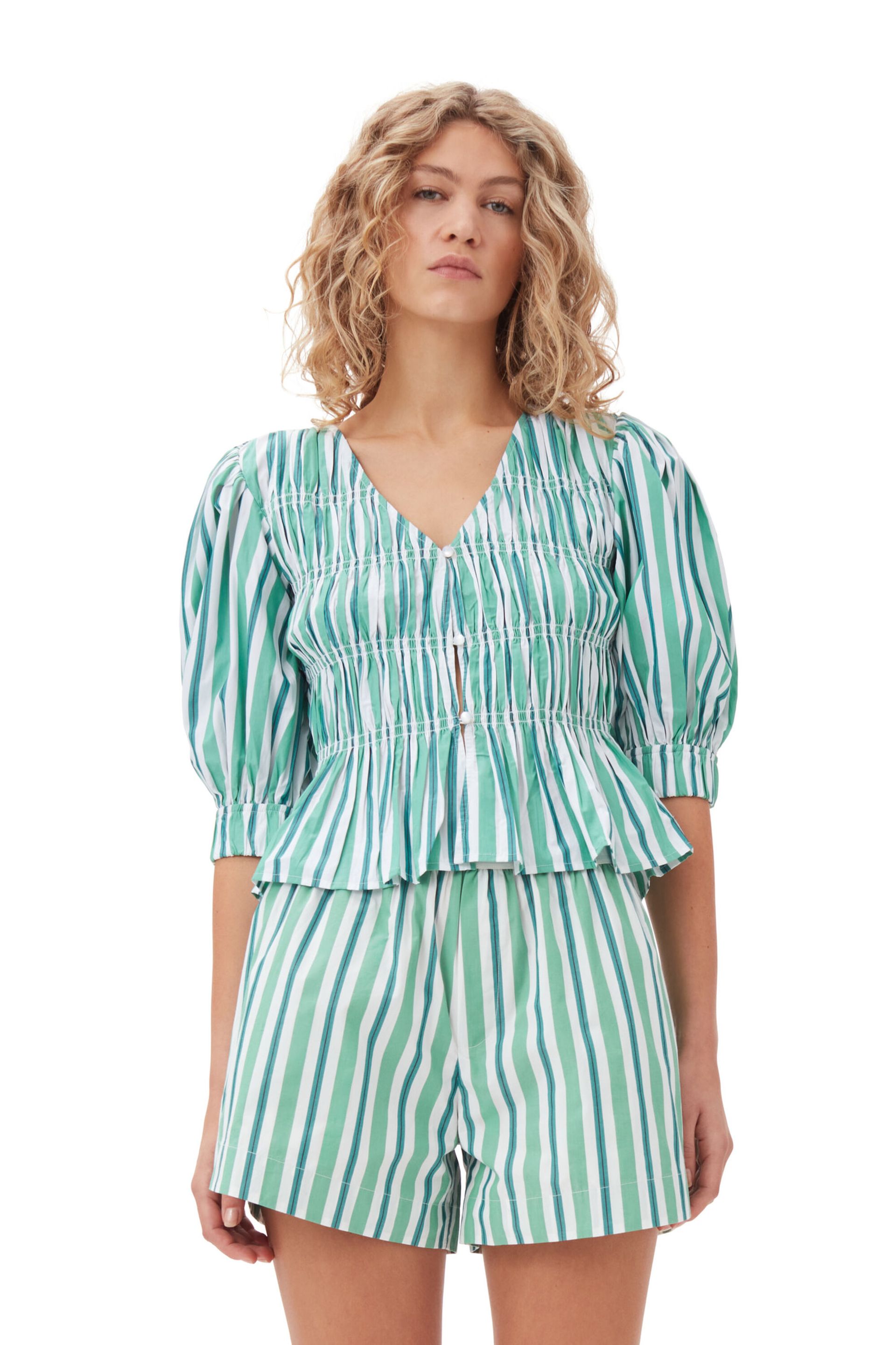 Green Striped V-neckline Fitted Blouse